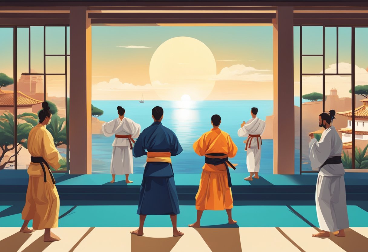 A dojo overlooking the sea, with vibrant colors and traditional Mediterranean architecture. A group of martial artists practicing under the warm sun