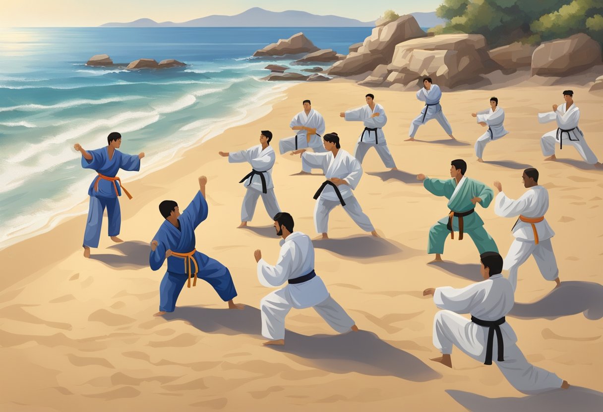 A group of martial arts students practice techniques on a sandy beach, with the Mediterranean Sea in the background. The sound of waves crashing adds to the serene yet focused atmosphere