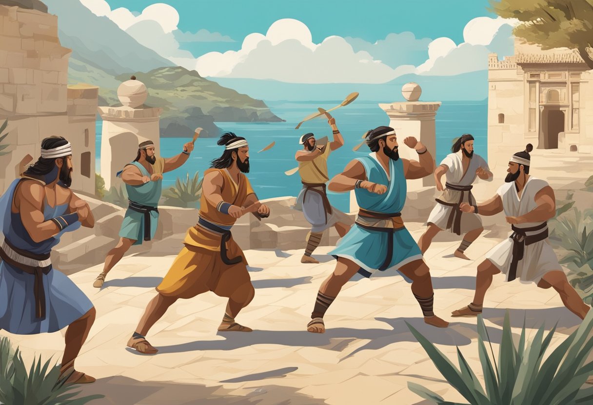 A group of ancient warriors practice martial arts in a Mediterranean setting, surrounded by historical and cultural symbols