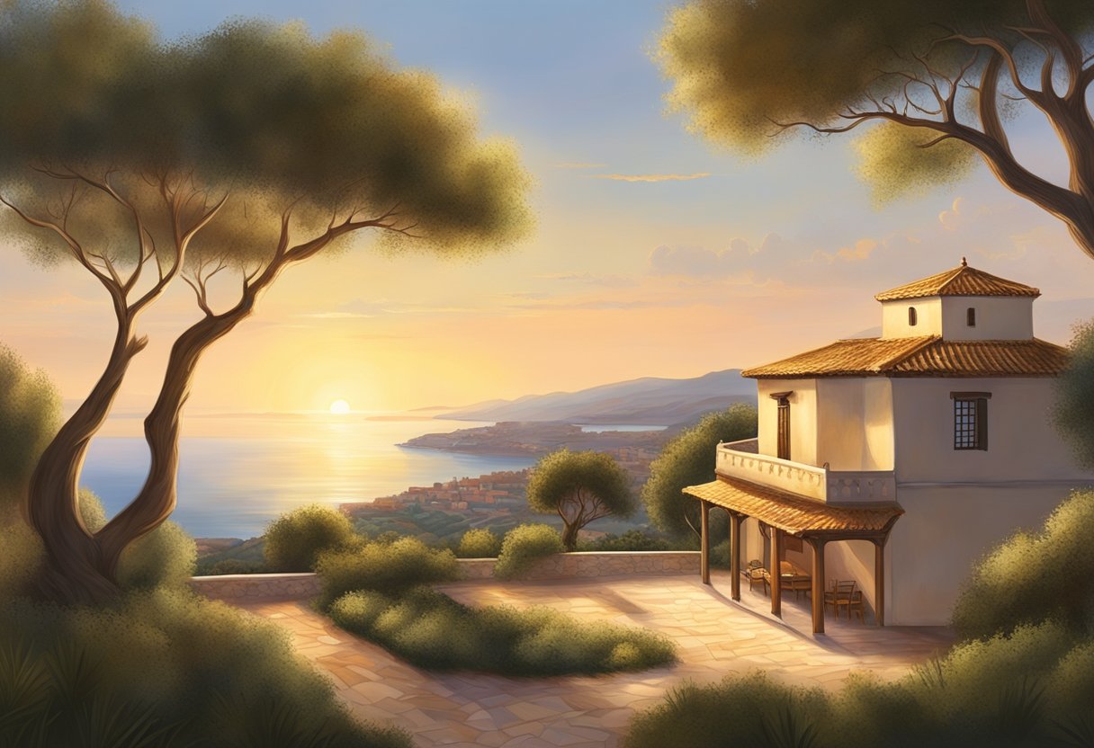 A Mediterranean landscape with a martial arts dojo, surrounded by olive trees and overlooking the sea. The sun is setting, casting a warm glow over the scene, creating a peaceful and serene atmosphere