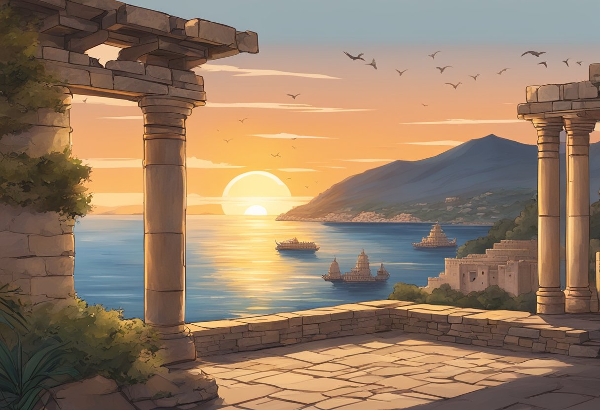 The serene sunset over the Mediterranean sea, with ancient ruins in the background and a martial arts dojo in the foreground