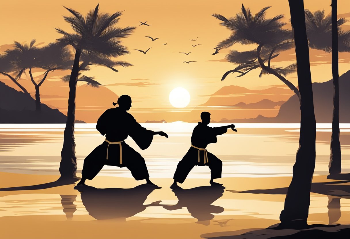 A serene beach at sunset with silhouettes of martial arts equipment and Mediterranean cultural symbols