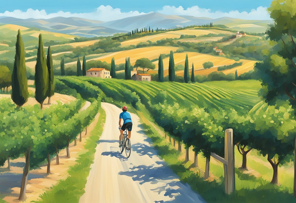 Cyclists riding through lush Mediterranean countryside, passing by vineyards and olive groves under a clear blue sky