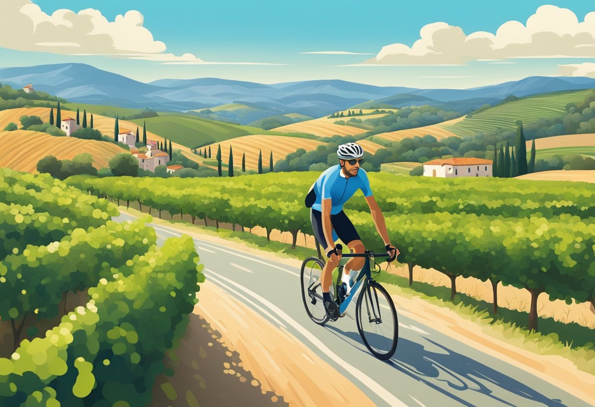 A cyclist rides through a scenic Mediterranean countryside with rolling hills, vineyards, and olive groves under a bright blue sky