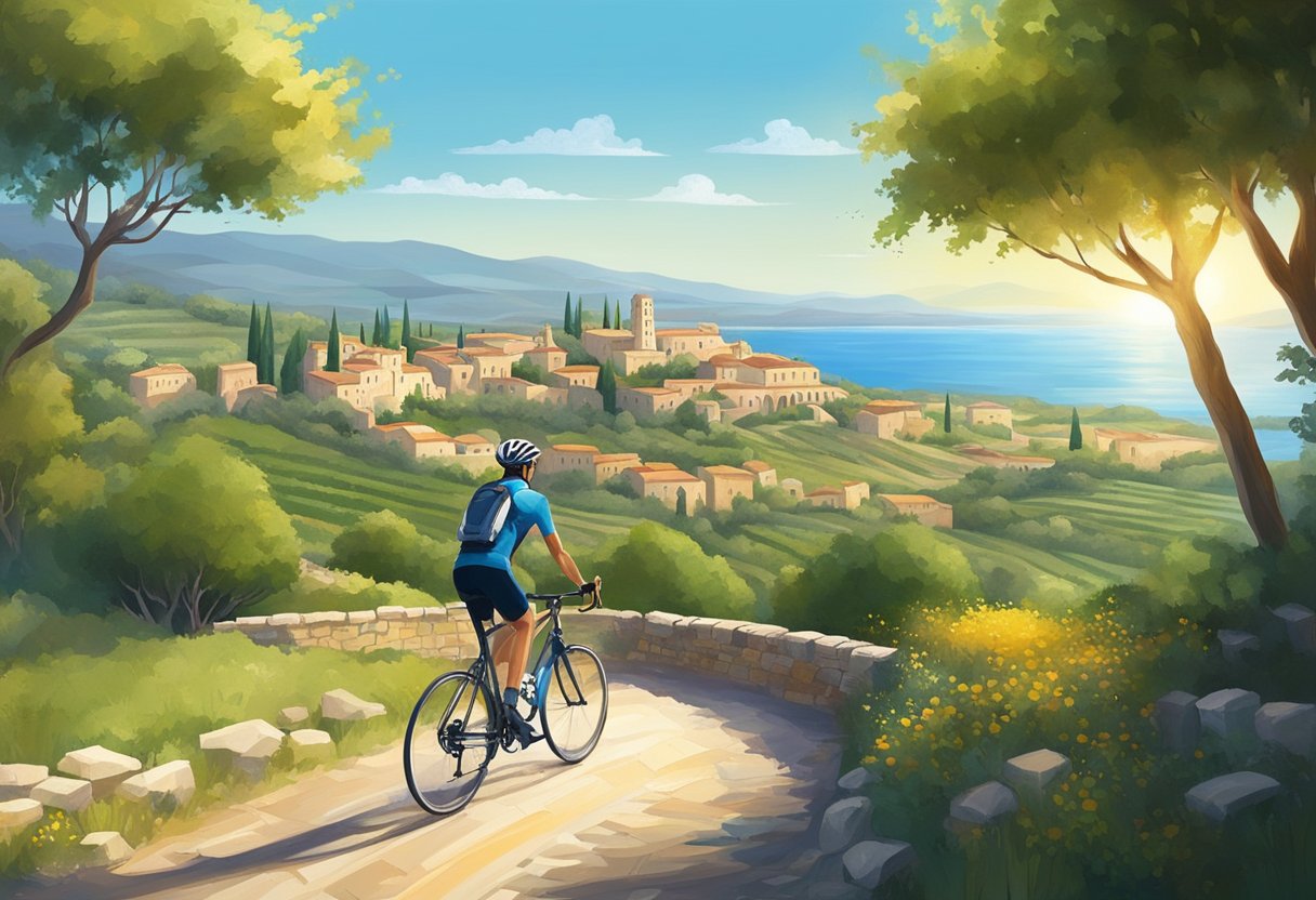 A cyclist rides through a picturesque Mediterranean countryside, passing by ancient ruins and lush vineyards. The sun shines down on the rolling hills and the clear blue sea sparkles in the distance