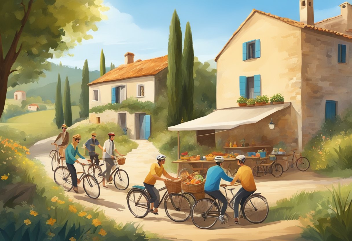 A charming countryside scene with a rustic picnic spread, local Mediterranean delicacies, and a group of cyclists enjoying a leisurely ride