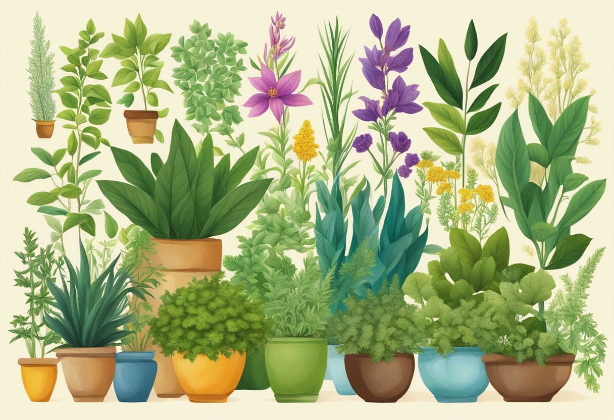 A group of diverse plants and herbs from around the Mediterranean region, arranged in a colorful and vibrant display, symbolizing the global exchange of herbal knowledge and natural healing remedies