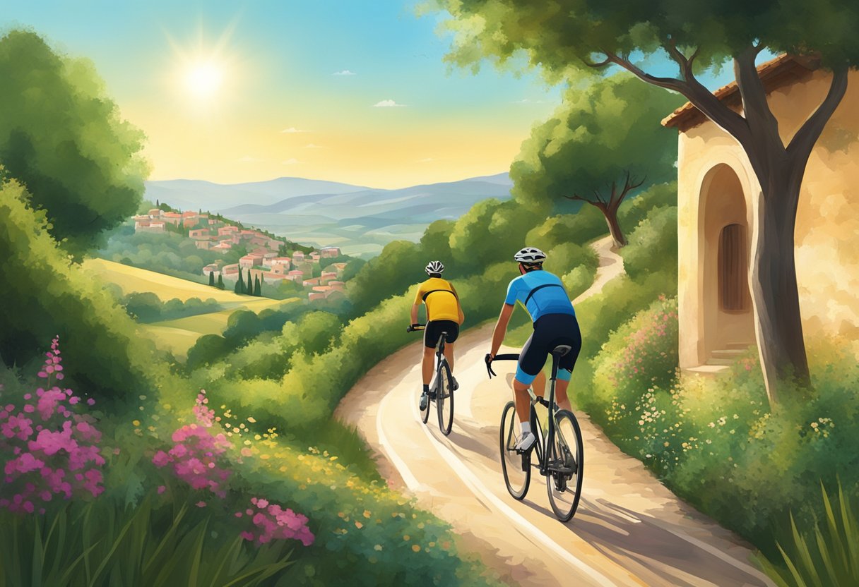 A cyclist rides through a picturesque Mediterranean countryside, surrounded by lush greenery and rolling hills. The sun shines down on the peaceful scene, highlighting the eco-friendly practice of sustainable cycling