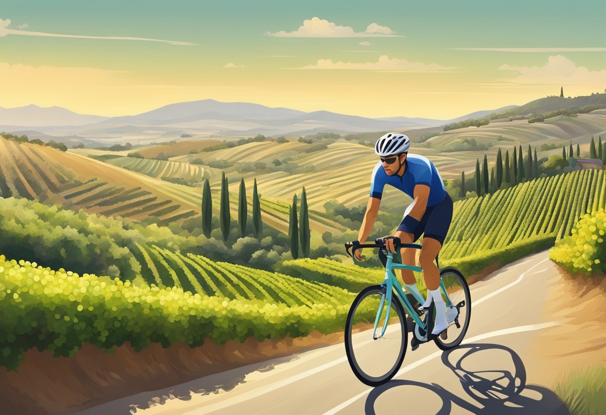 A cyclist rides through rolling hills, passing vineyards and olive groves under the warm Mediterranean sun