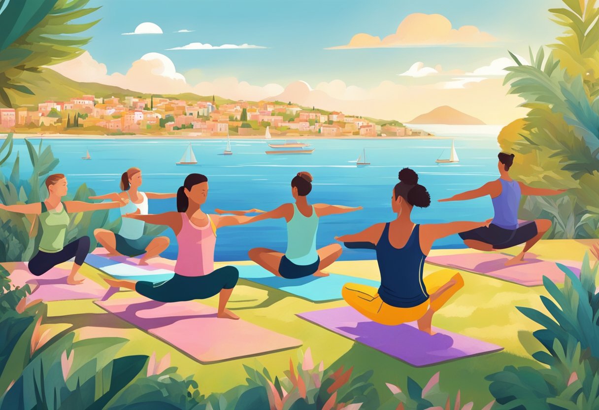 A group of people engage in outdoor exercise, surrounded by vibrant Mediterranean scenery. They participate in activities like yoga, dancing, and group sports, promoting physical and mental well-being