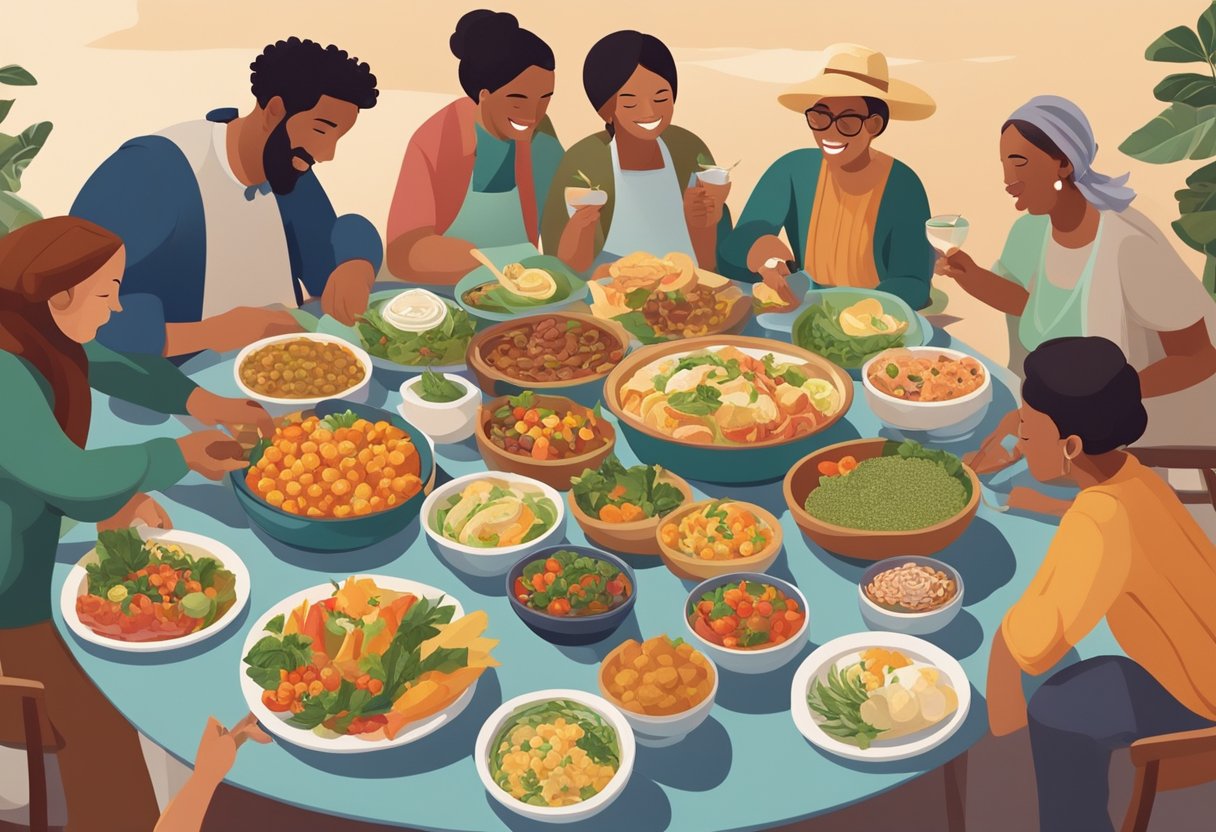 A group of people gather around a table filled with colorful, fresh Mediterranean foods. They engage in lively conversation and laughter, sharing dishes and passing around plates. The scene exudes warmth, community, and a strong connection to food and tradition