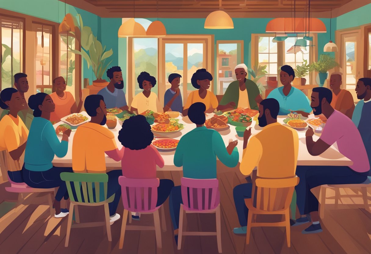 A group of people gather around a large table, sharing food and engaging in lively conversation. The scene is filled with vibrant colors, traditional decorations, and a sense of warmth and community