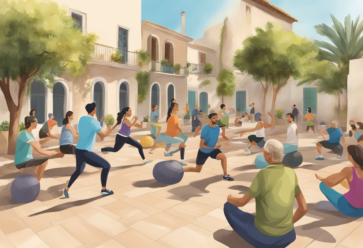 A group of people engaging in traditional Mediterranean group exercises in a modern outdoor setting, blending old and new lifestyles