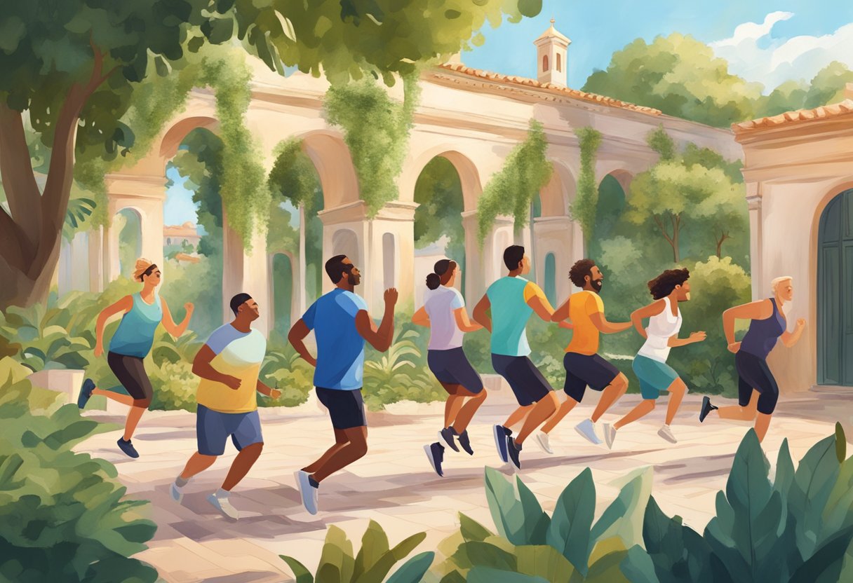 A group of people engage in a lively, outdoor exercise session, surrounded by Mediterranean architecture and lush greenery. Laughter and conversation fill the air as they work together to improve their physical health and social connections