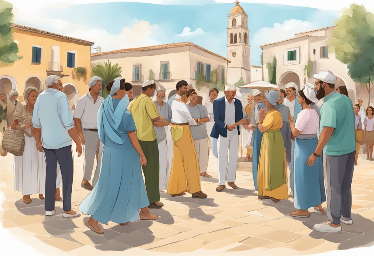 A group of people engage in a traditional Mediterranean dance, surrounded by vibrant colors and lively music, showcasing the cultural exchange and evolution of family and community