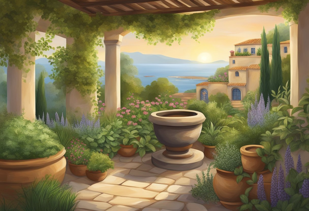 A serene Mediterranean landscape with an assortment of herbs and plants, a traditional mortar and pestle, and a warm, inviting atmosphere