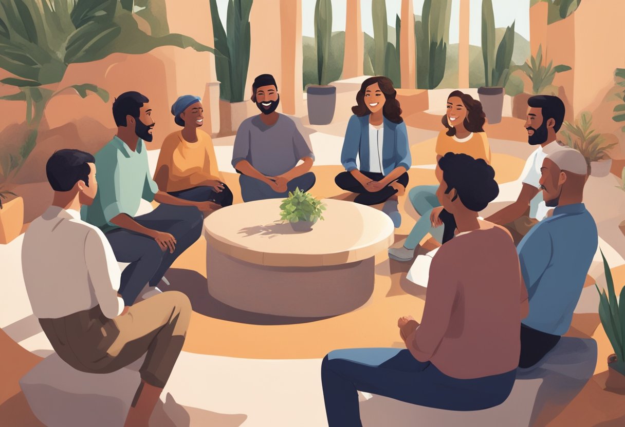 A group of people sitting in a circle, engaging in a lively discussion. The setting is a warm, inviting environment with Mediterranean cultural elements