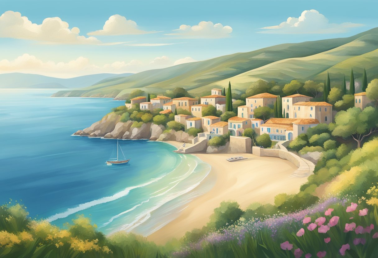 A serene Mediterranean landscape with a tranquil beach, rolling hills, and a clear blue sky. A peaceful setting that promotes rest and physical activity for optimal health at different life stages