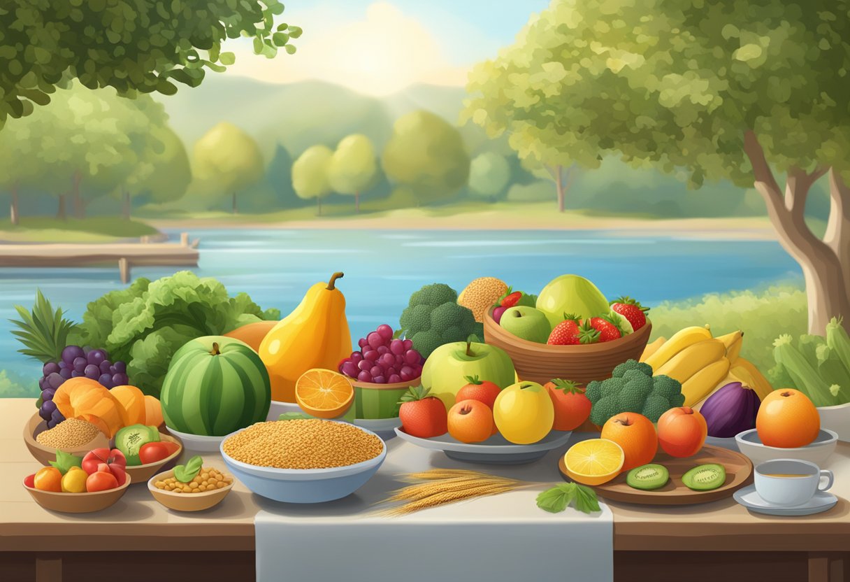 A table filled with colorful fruits, vegetables, and whole grains, surrounded by a serene outdoor setting with a walking path and a calm body of water