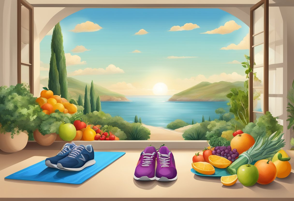 A serene Mediterranean landscape with vibrant fruits, vegetables, and fish, alongside a yoga mat and running shoes, symbolizing a balanced approach to disease management and longevity