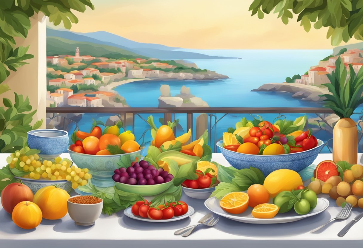 A table set with colorful, fresh Mediterranean dishes surrounded by vibrant fruits and vegetables, with a backdrop of a serene coastal landscape