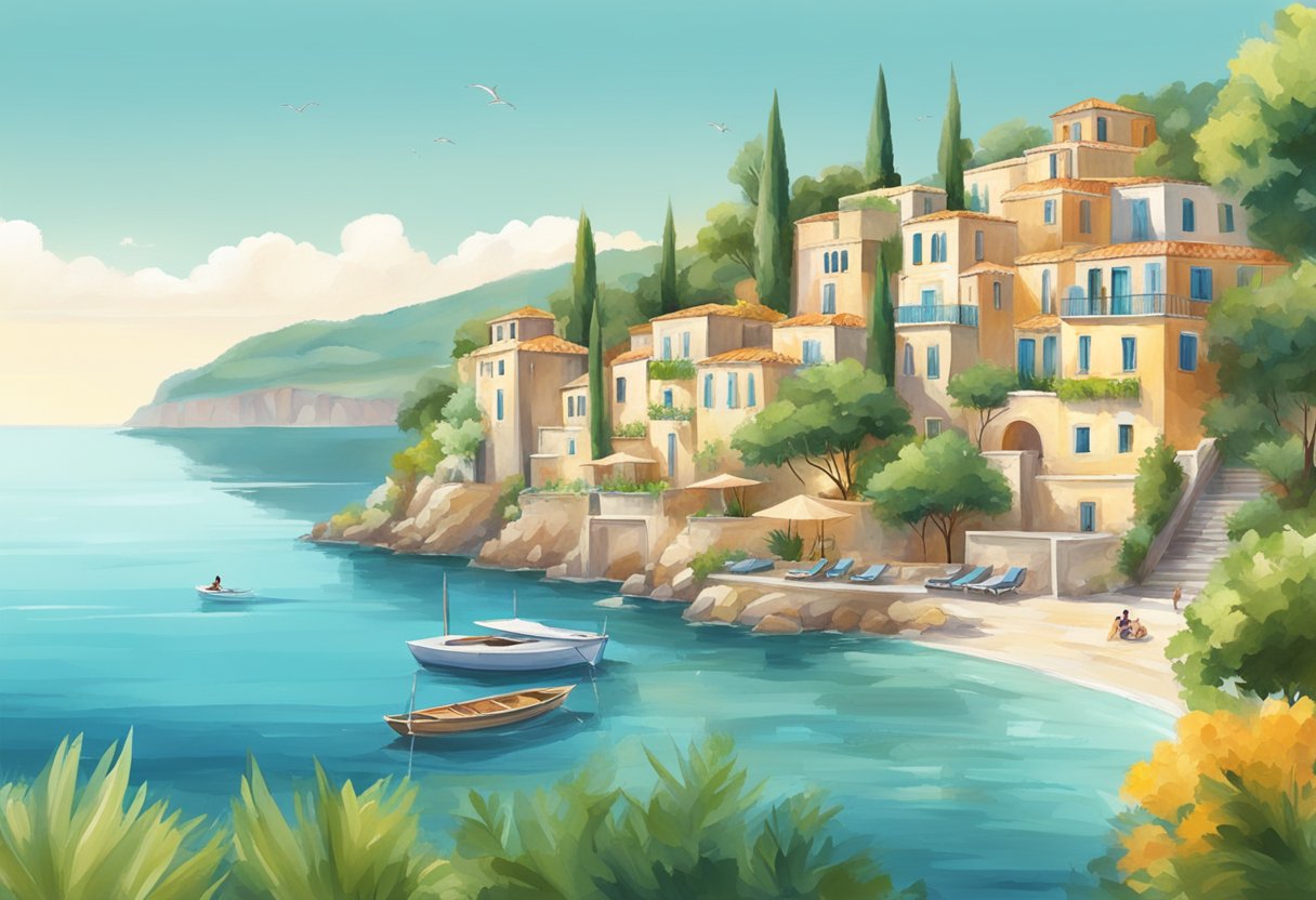 A serene Mediterranean landscape with a balance of relaxing and active elements, such as a calm sea, lush greenery, and people engaging in leisurely activities