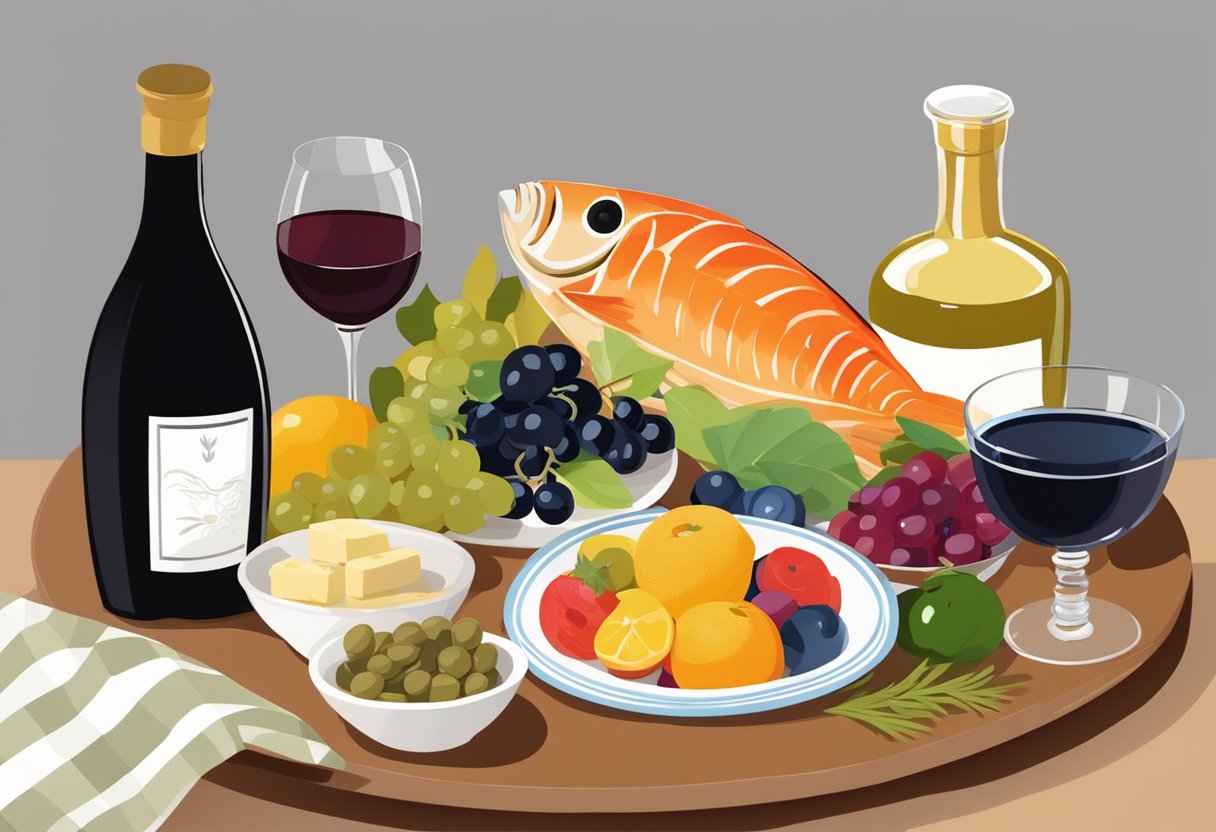 A table adorned with colorful fruits, vegetables, olive oil, and whole grains. A fish and a bottle of wine sit next to a bowl of olives and a plate of fresh cheese