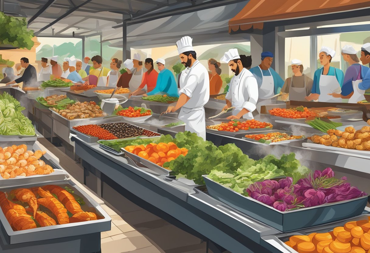 A bustling Mediterranean market with colorful produce, aromatic herbs, and fresh seafood. A chef expertly grills kebabs while others prepare vibrant salads and savory pastries