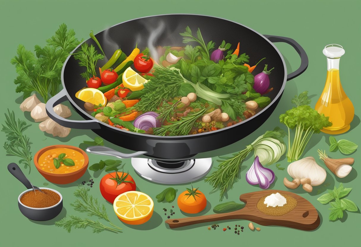 Fresh herbs being finely chopped, olive oil drizzling into a sizzling pan, vibrant vegetables being sautéed, and fragrant spices being sprinkled over a bubbling pot of stew