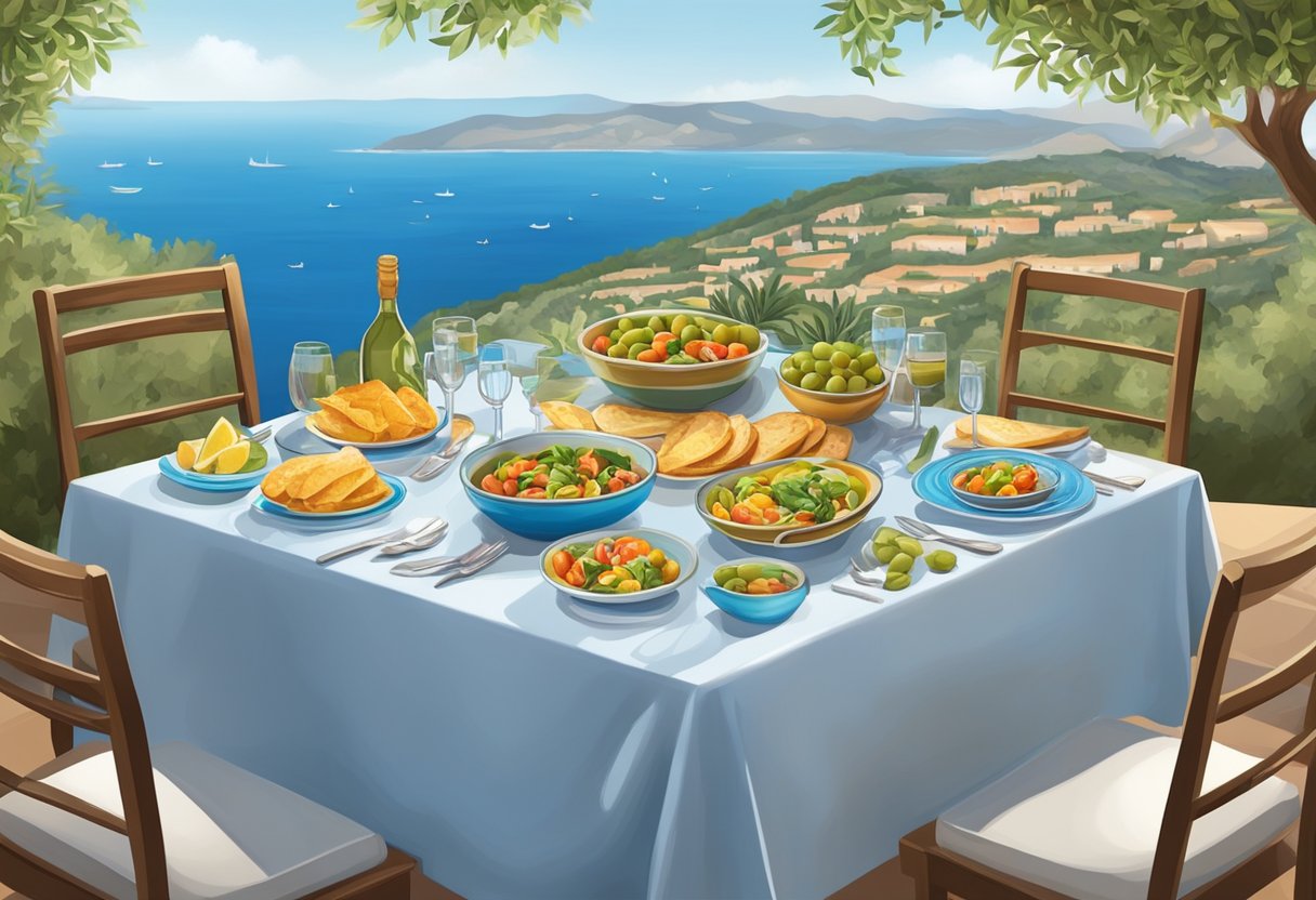 A table set with colorful Mediterranean dishes, surrounded by olive trees and a view of the sparkling blue sea