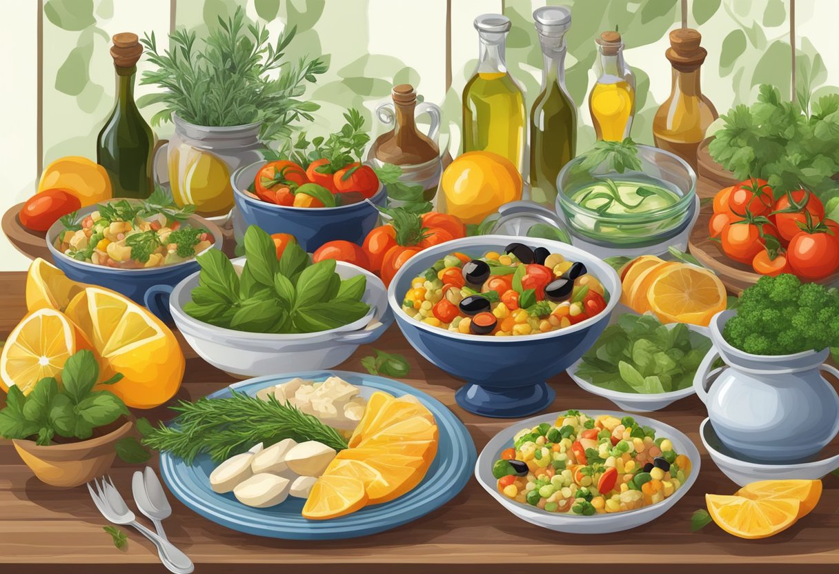 A table set with vibrant Mediterranean dishes, surrounded by fresh herbs, olive oil, and colorful produce, evoking the essence of the Mediterranean meal