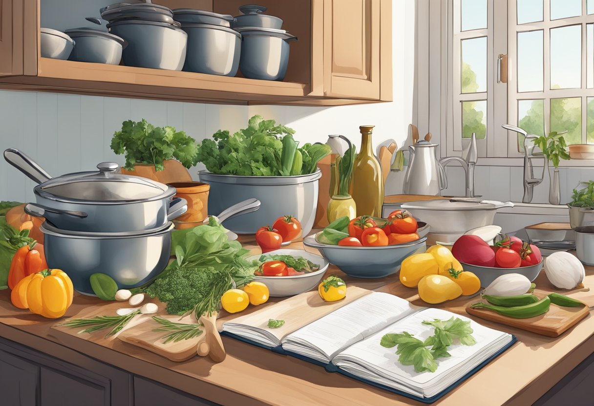 A cluttered kitchen counter with open Mediterranean cookbooks, fresh ingredients, and cooking utensils laid out for preparation