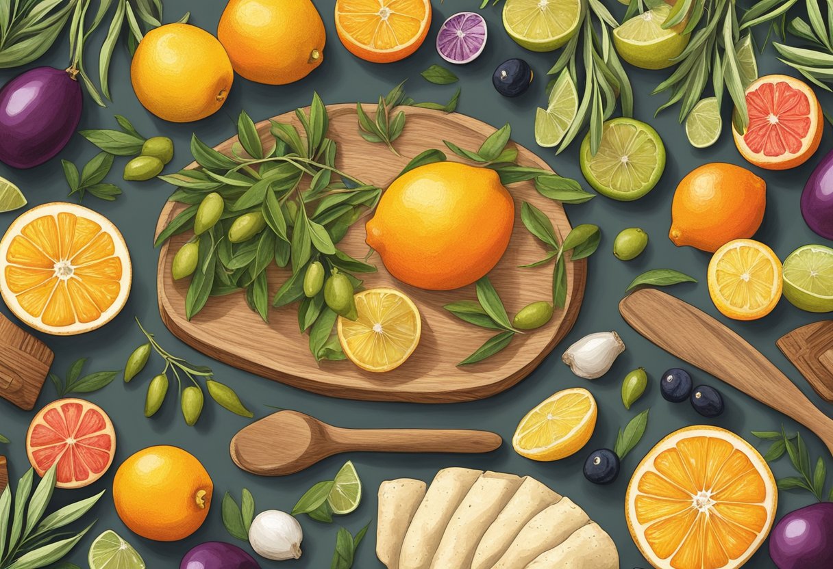 Vibrant Mediterranean ingredients arranged on a wooden table, surrounded by olive branches and citrus fruits. A cookbook open to a page on sustainable food choices