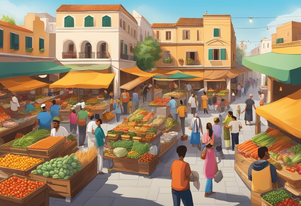 A bustling Mediterranean market, filled with vibrant produce and exotic spices, surrounded by bustling vendors and the sounds of sizzling grills