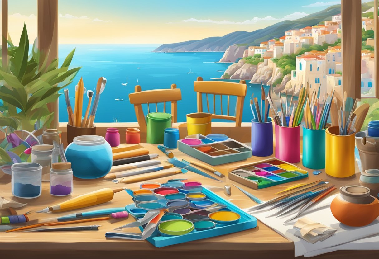 A table filled with colorful craft supplies and tools, surrounded by a scenic view of the Mediterranean coastline