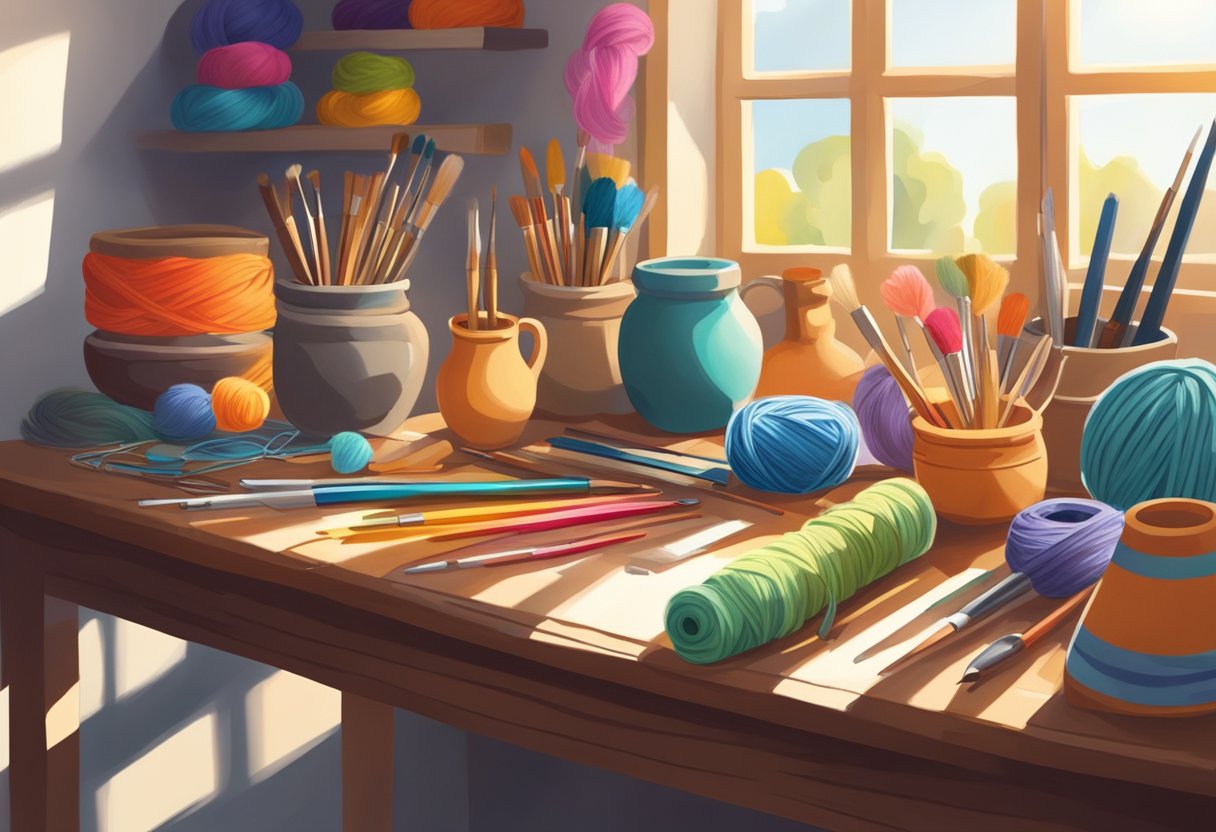 A table filled with colorful yarn, paintbrushes, and pottery tools. Sunlight streams through a window onto a stack of books about crafts and hobbies