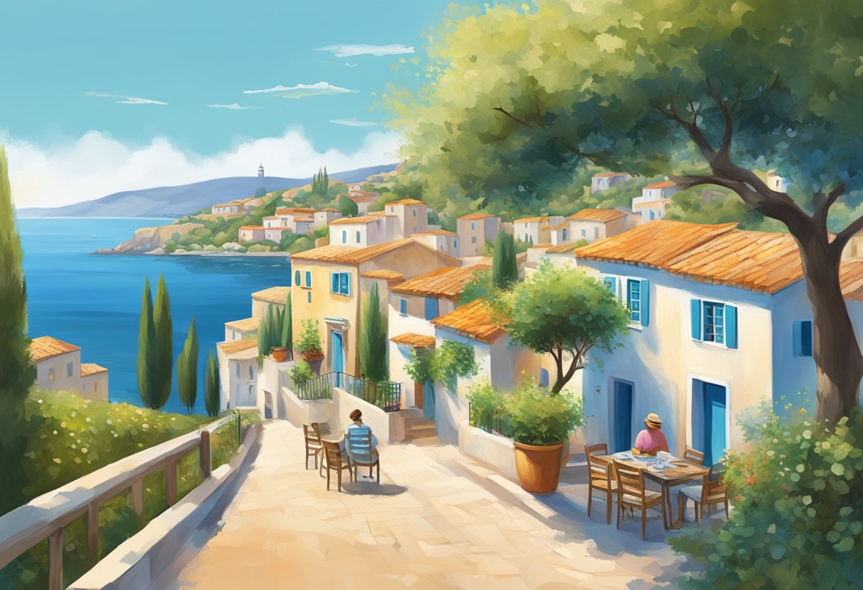 A serene coastal village with colorful houses, olive groves, and people enjoying leisurely meals outdoors. Blue skies, calm seas, and lush greenery surround the idyllic setting