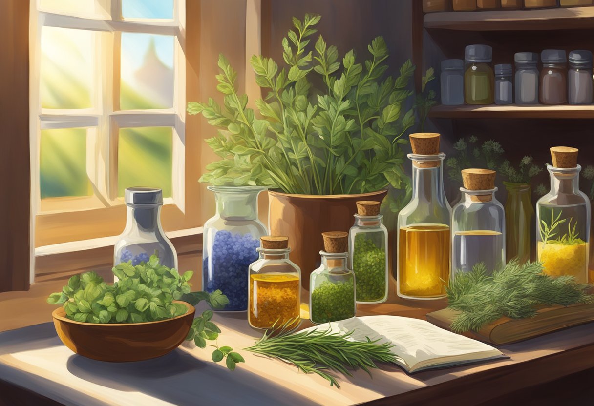 A table covered with Mediterranean herbs and plants, alongside bottles of herbal remedies. A book on natural healing open to a page on traditional remedies. Sunlight streaming through a window, casting a warm glow on the scene