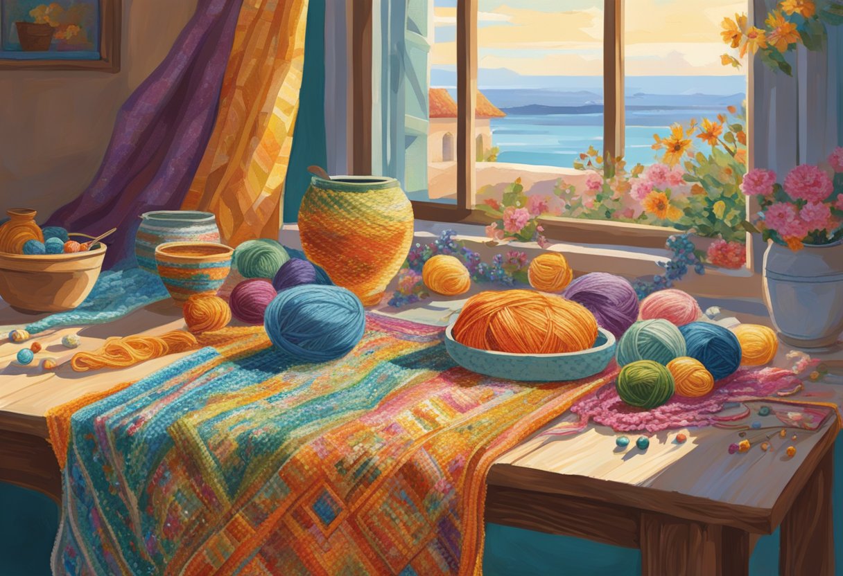 A table covered in colorful yarn, beads, and fabric. A finished pottery vase sits next to a half-completed cross-stitch project. The warm Mediterranean sun streams through an open window, casting a soft glow on the creative chaos