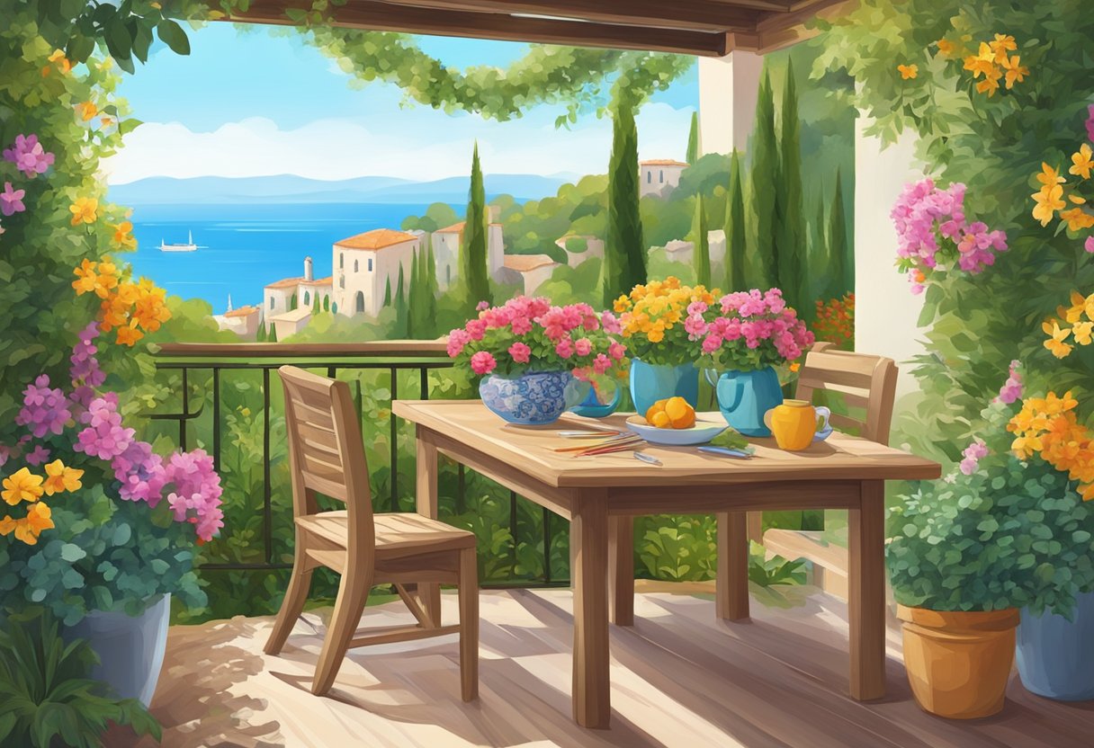 A lush garden with colorful flowers, a wooden table with art supplies, and a serene Mediterranean landscape in the background