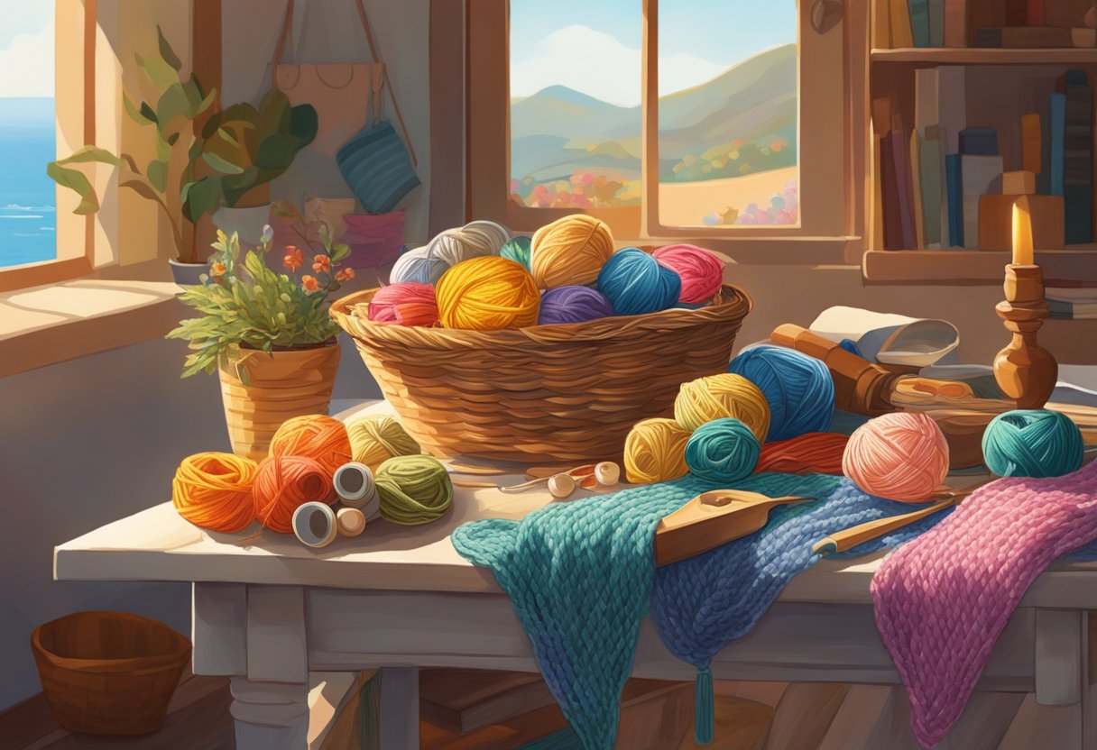 A table filled with colorful yarn, beads, and fabric. A basket of unfinished crafts sits nearby. The warm Mediterranean sun streams through the window, casting a soft glow over the scene