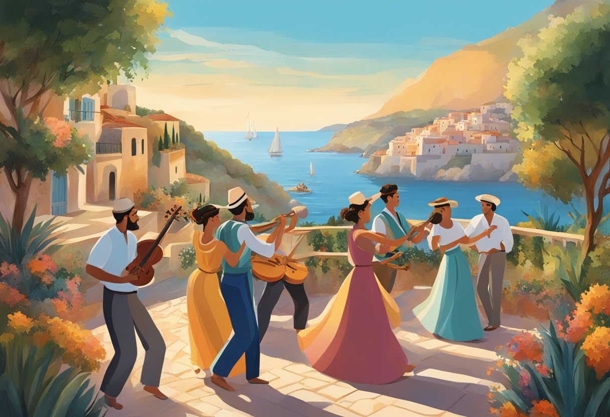 A group of musicians play traditional instruments while a couple dances passionately. The vibrant colors of the Mediterranean landscape provide a backdrop for the lively scene