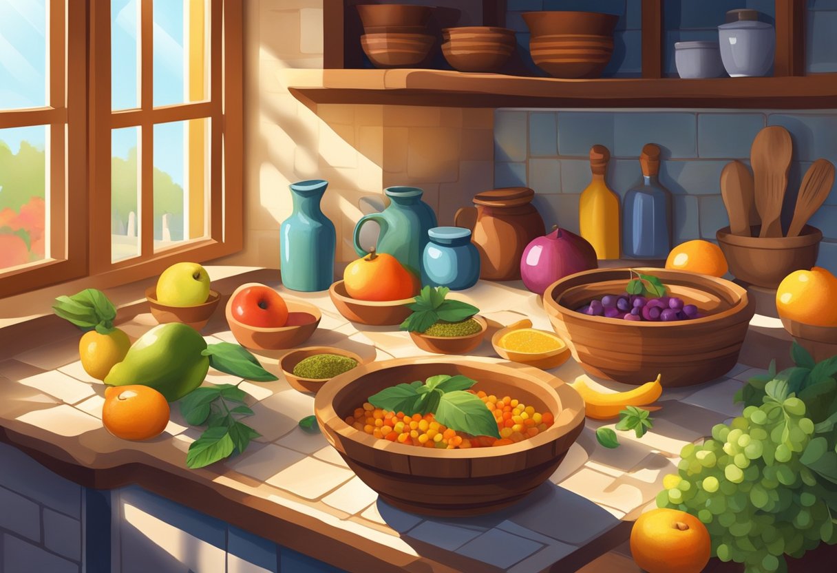 A rustic kitchen filled with fresh ingredients, colorful spices, and traditional cooking utensils. Sunlight streams through a window, casting warm shadows on the tiled floor. A wooden table is set with bowls of dough and vibrant fruits