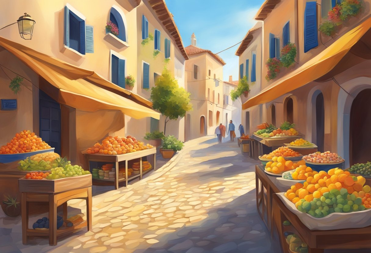 A vibrant Mediterranean market with colorful fruits, pottery, and textiles. The sun casts warm shadows on the cobblestone streets, creating a lively and inviting atmosphere