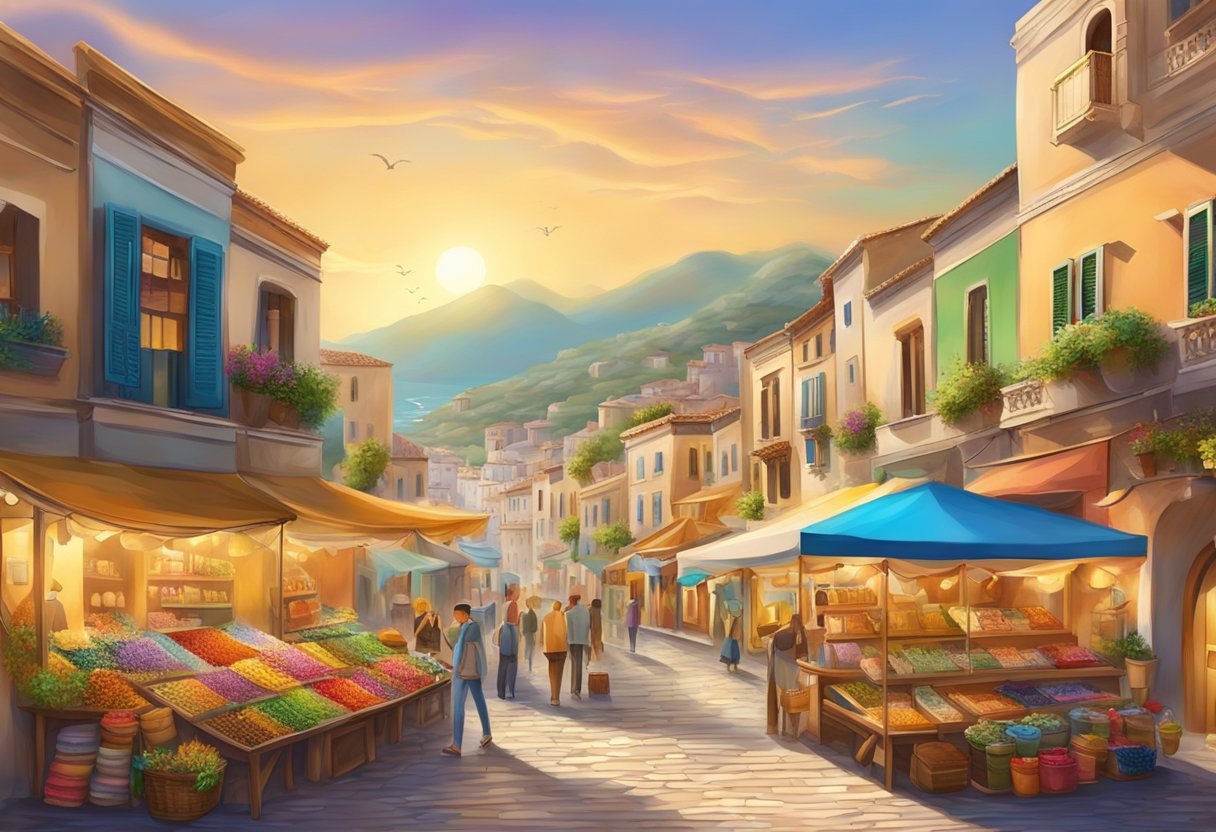 A vibrant market street with colorful crafts and hobbies on display, surrounded by the beautiful landscape of the Mediterranean