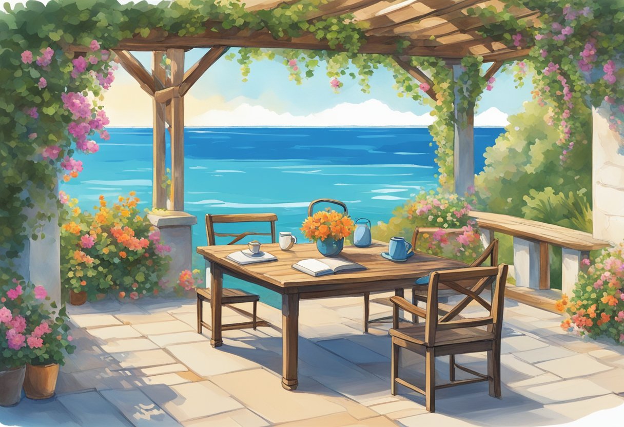 A rustic wooden table sits under a vine-covered pergola, surrounded by vibrant flowers and overlooking the sparkling blue Mediterranean sea. A notebook, pen, and a stack of books are scattered across the table, hinting at a creative and leisurely lifestyle