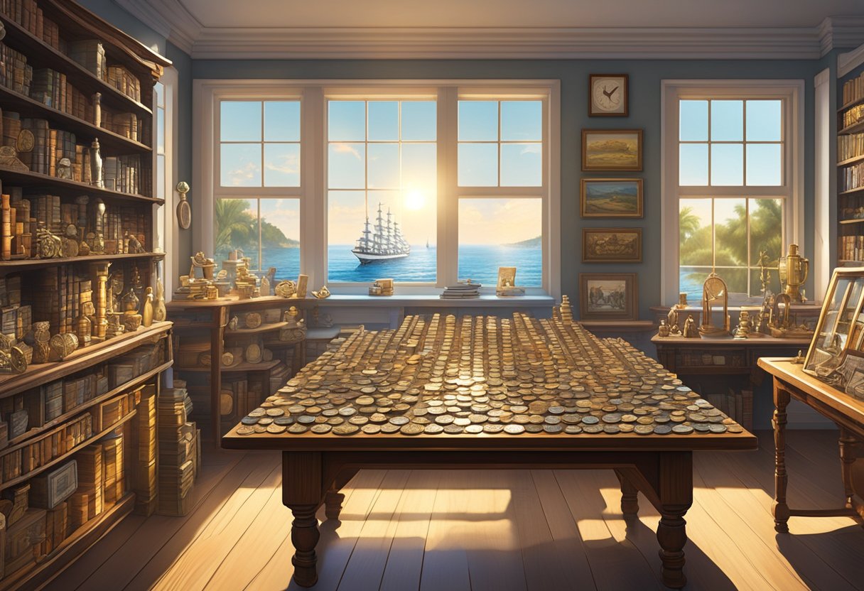 A table covered in vintage coins, stamps, and figurines. Shelves hold model ships and antique books. Sunlight filters through a window onto the eclectic collection