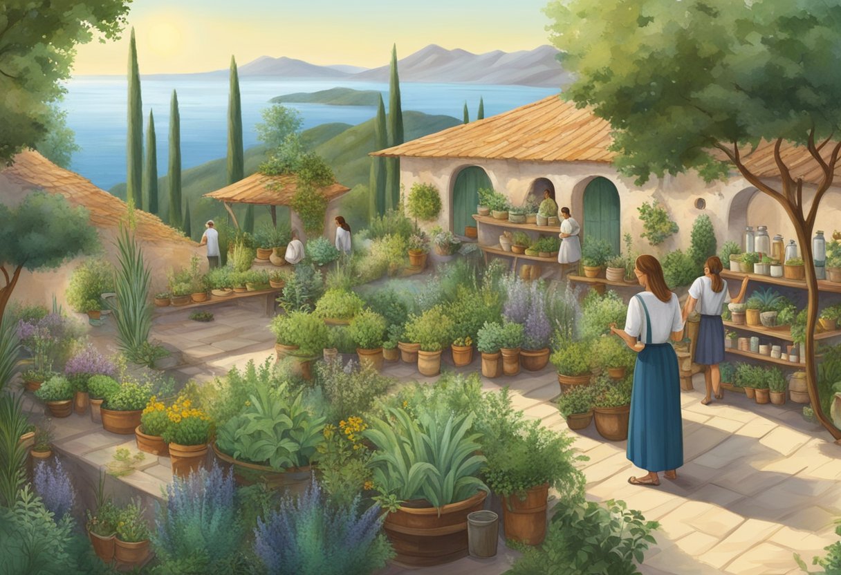 A lush Mediterranean landscape with diverse plants and herbs, a traditional apothecary set-up, and people gathering natural remedies