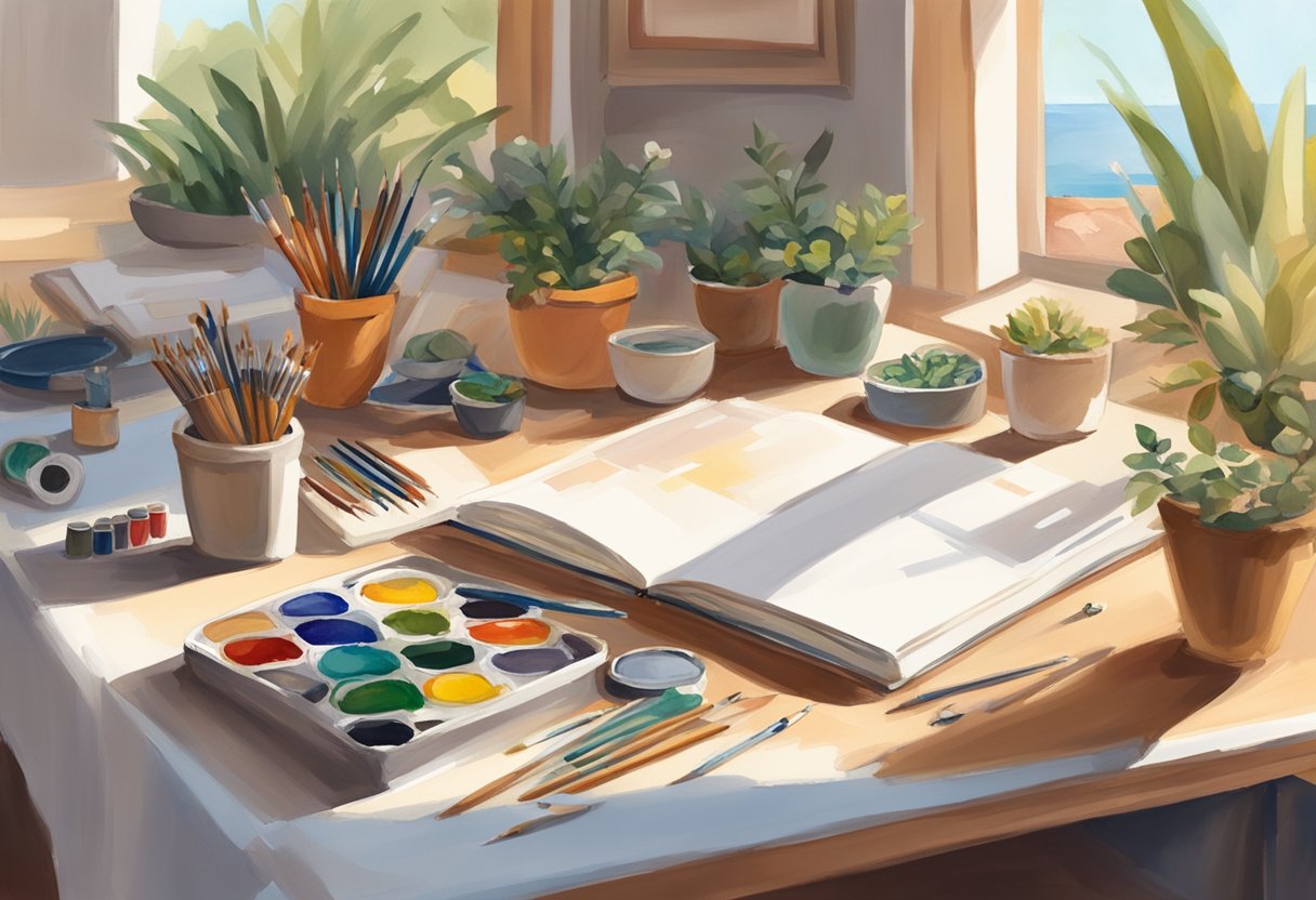 A table covered in art supplies, surrounded by potted plants and bathed in warm sunlight. A journal and a paintbrush lay on the table, alongside a half-finished watercolor painting of a Mediterranean landscape