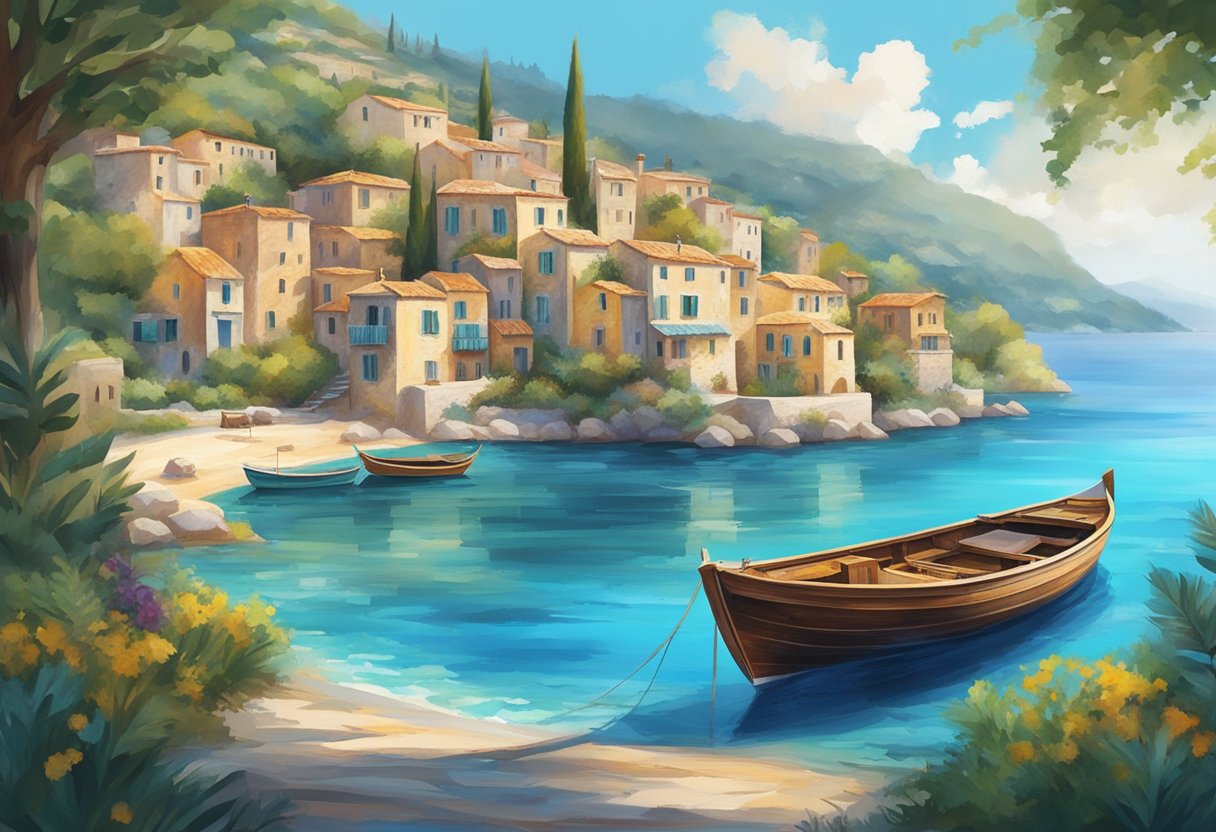 A rustic wooden boat sails through crystal blue waters, surrounded by vibrant coastal villages and lush greenery, capturing the essence of the Mediterranean lifestyle